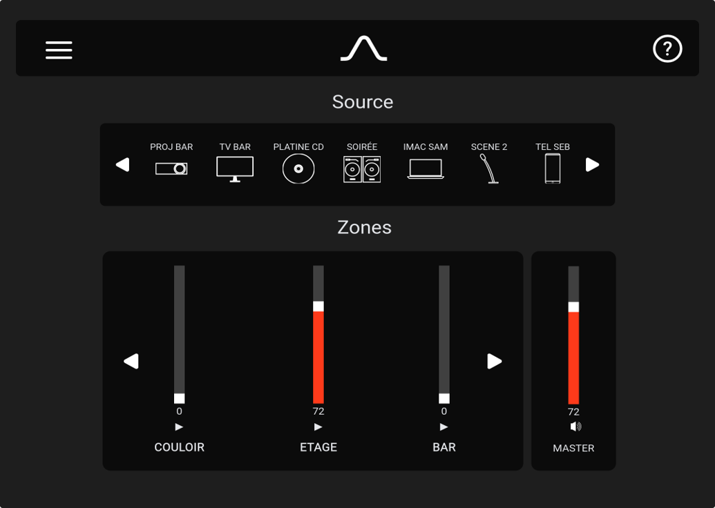 Écran de l'application mobile pour la gestion des sources audio en multiroom)