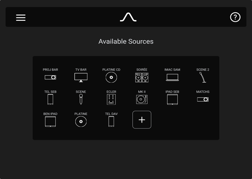 Écran de l'application mobile pour la gestion des sources audio en multiroom)